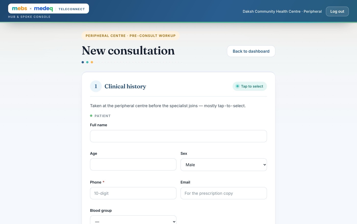 The peripheral centre's pre-consult workup screen